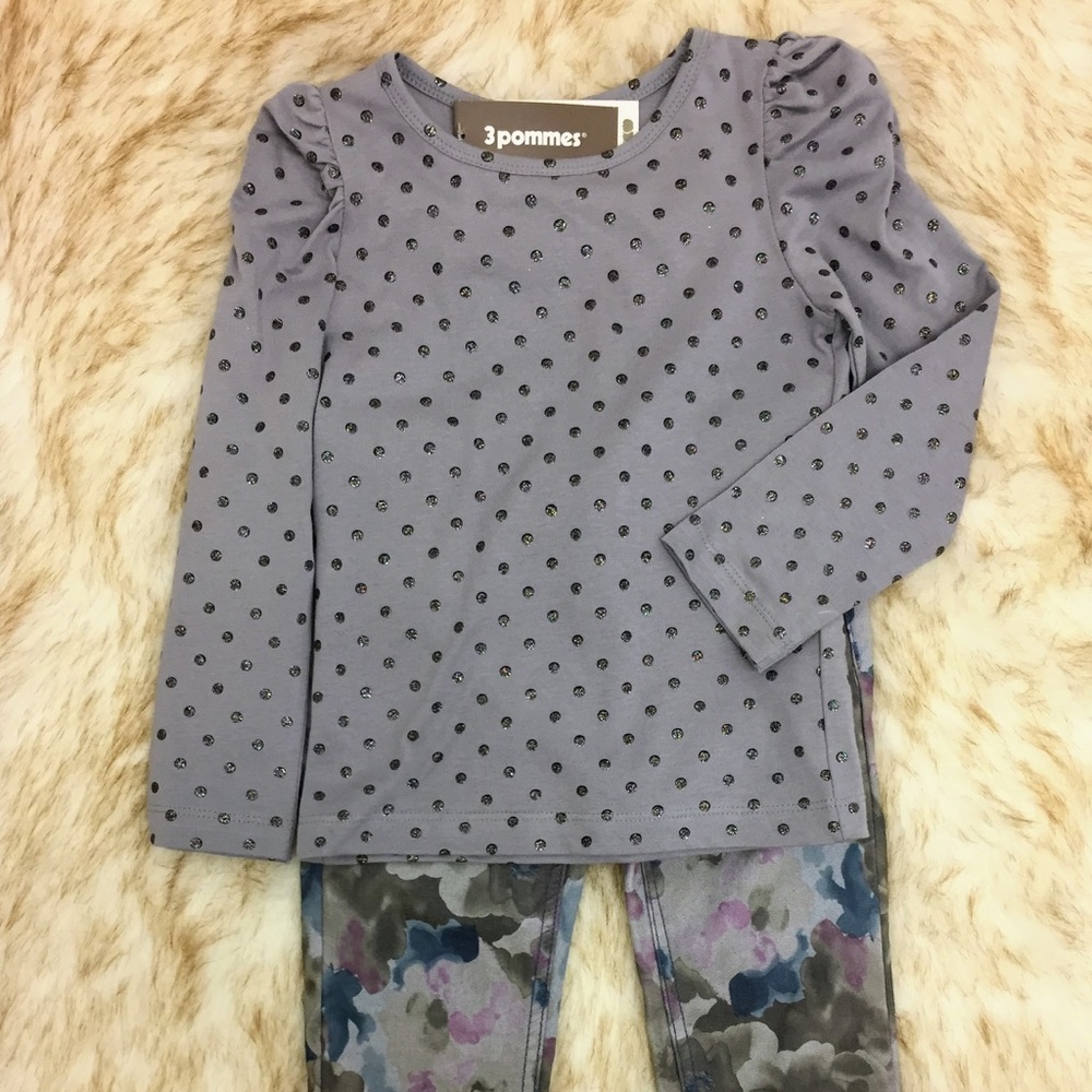 2pc Set with Gray Polka Dot Top and Floral Jeans